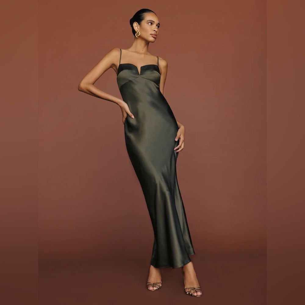 Reformation Brie Silk Dress Pine Tree Green size 14 Wedding Guest Dress Maxi